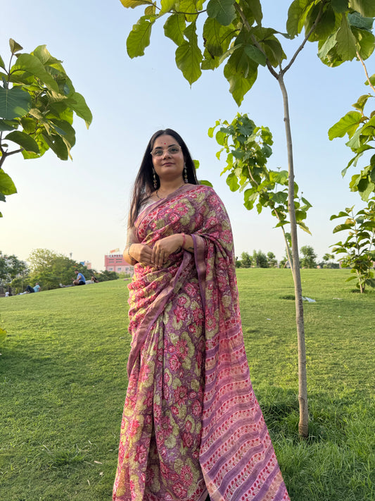 Purple Handblock Maheshwari Saree (Teerth By Amaanyaa)