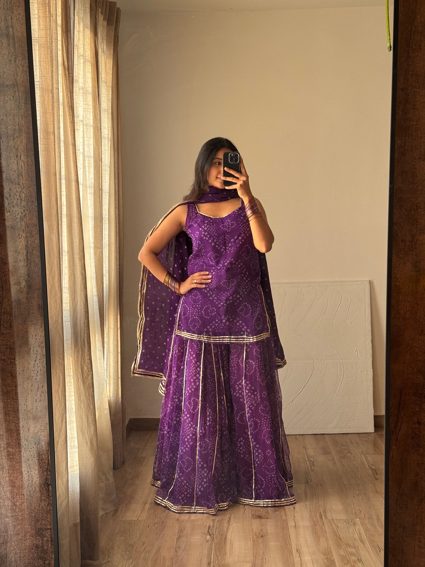 Kumkum Purple Bandhani Sharara Set