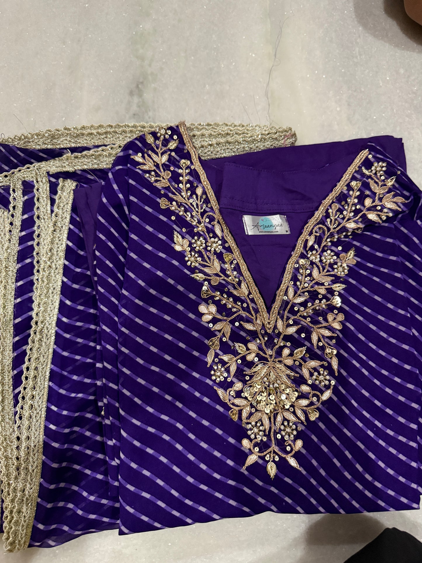 Arti Purple Handwork Leheriya Suit Set
