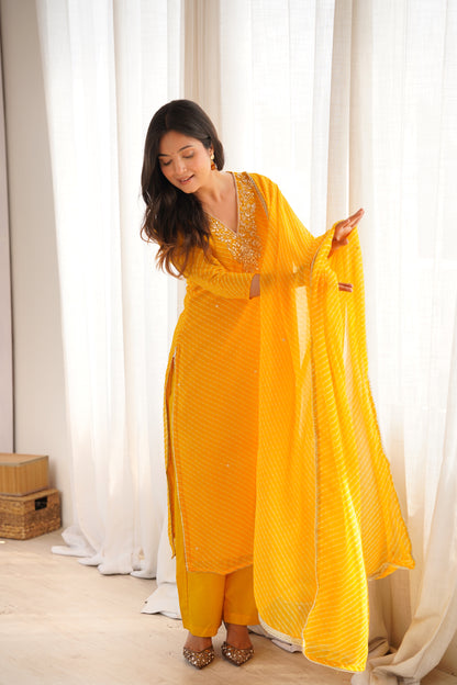 Arti Yellow Handwork Leheriya Suit Set