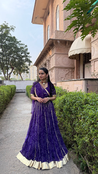 Siddhi Purple Bandhani lehenga