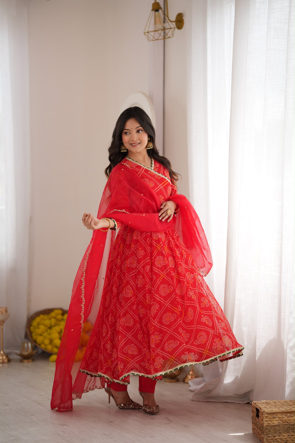 Ruhee Red Bandhani Anarkali Set