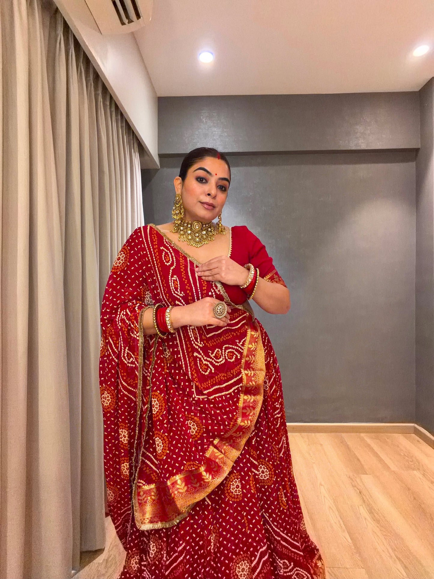 Falguni Red Bandhani Lehenga