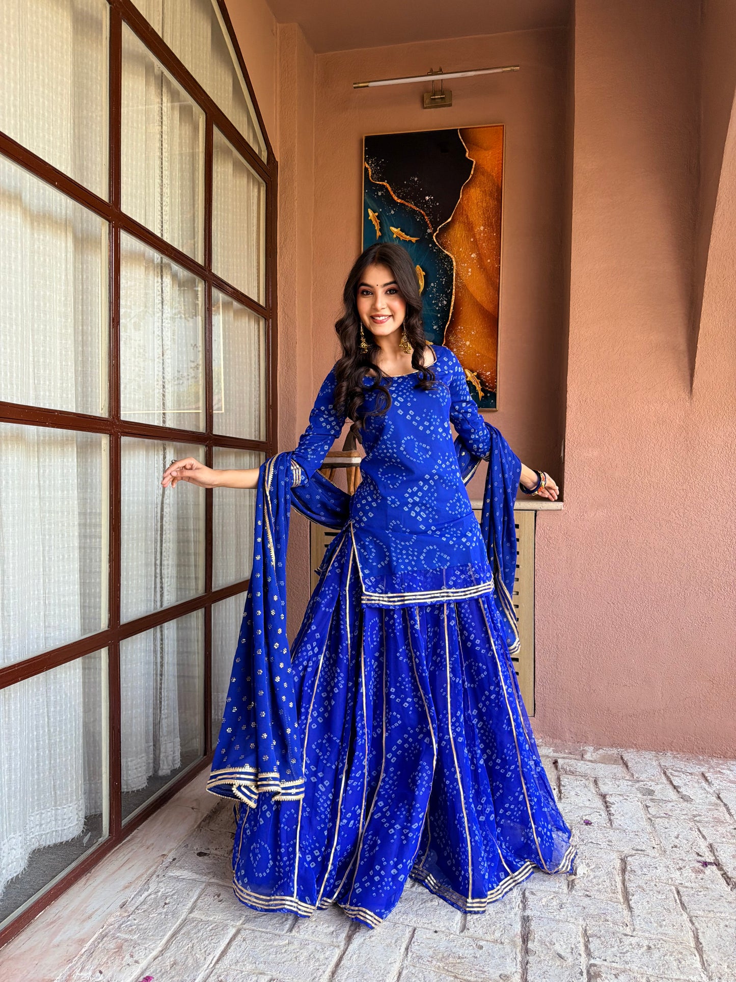 Kumkum Blue Bandhani Sharara Set