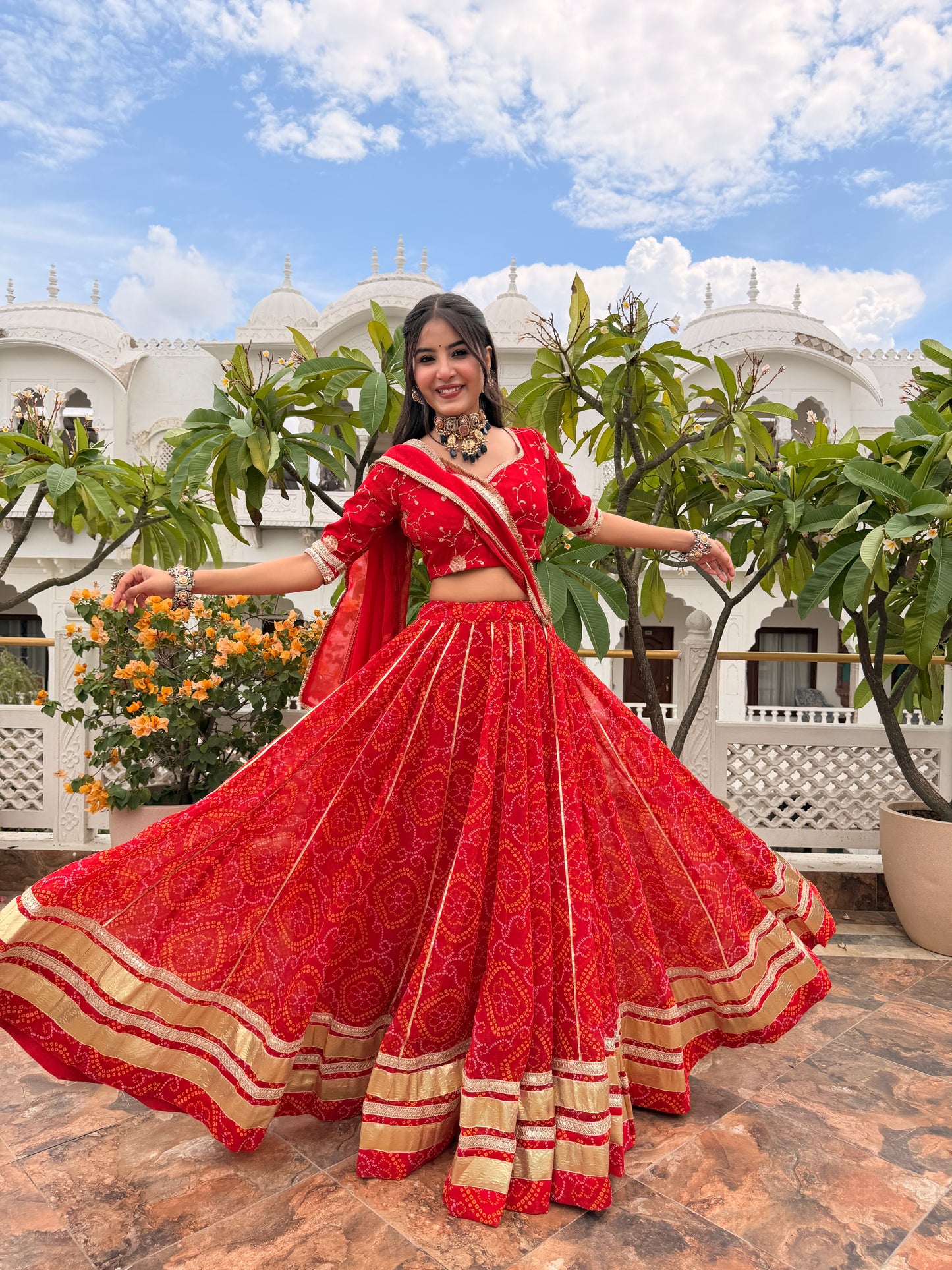 Shweta Red Bandhani Lehenga