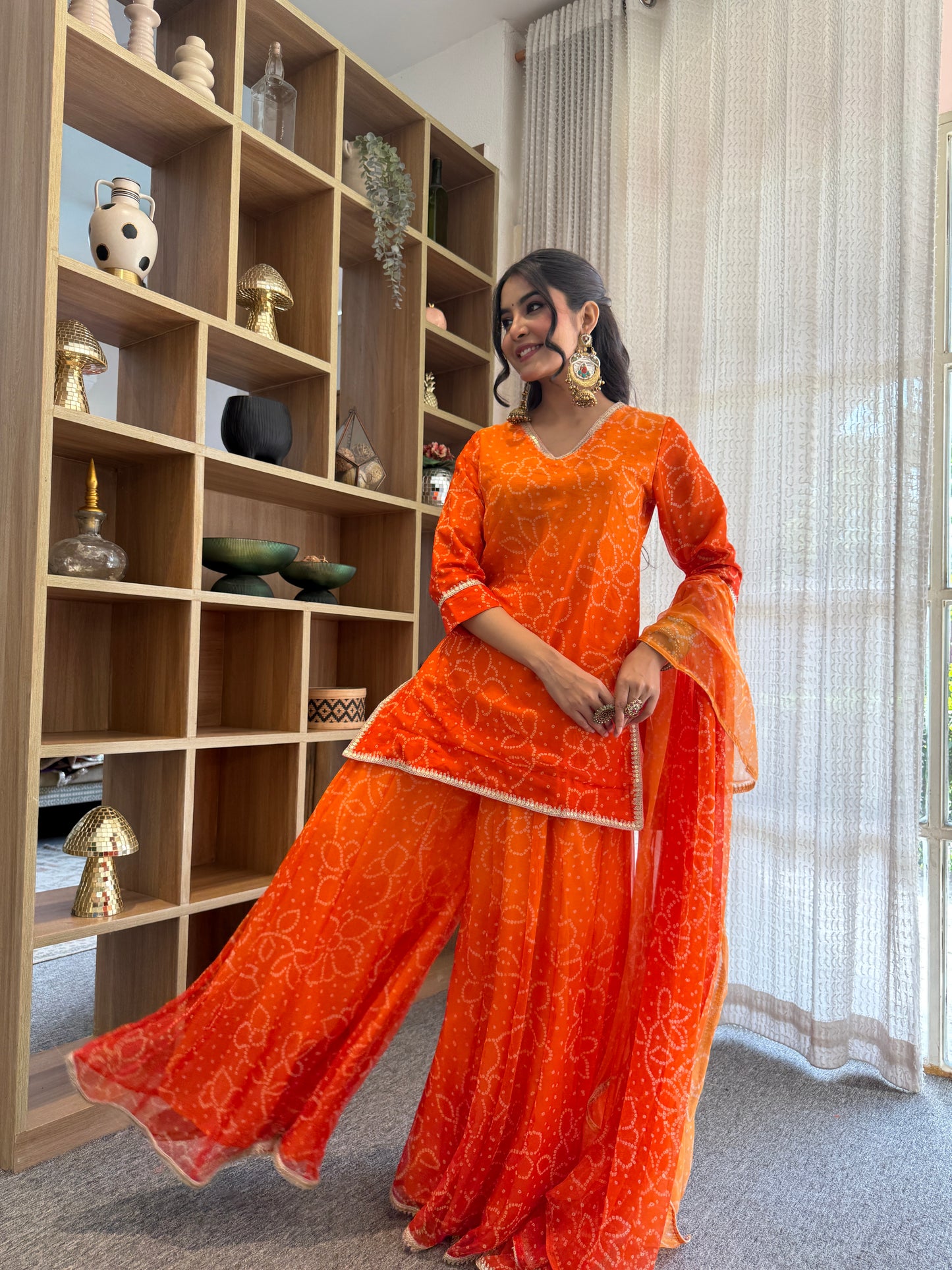 Pranjali Orange Bandhani Kurti Palazzo Set