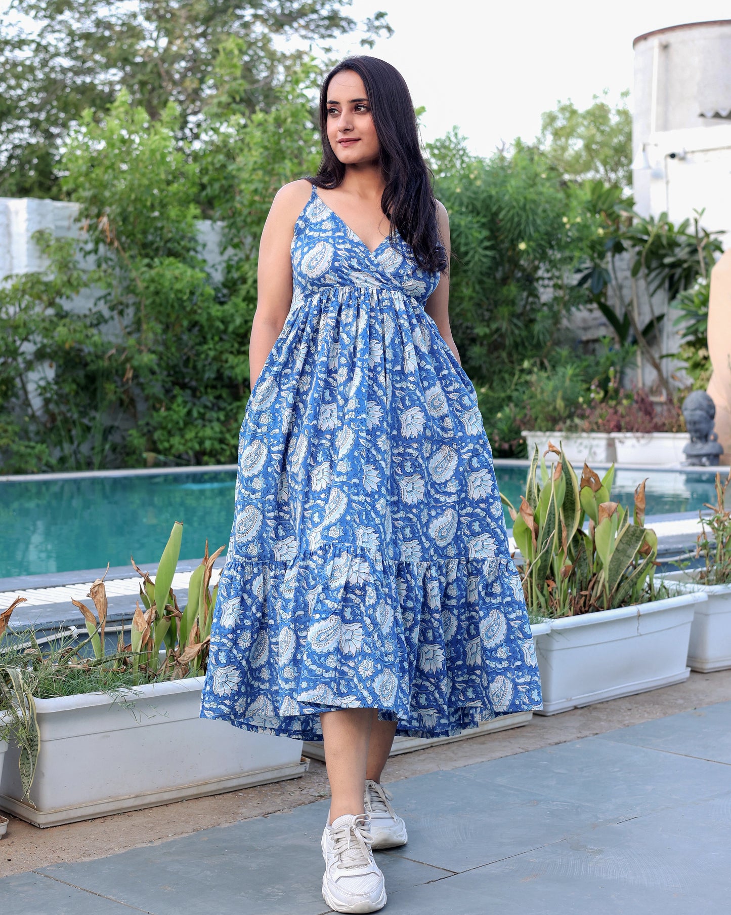 Anoli Blue Handblock Cotton Dress