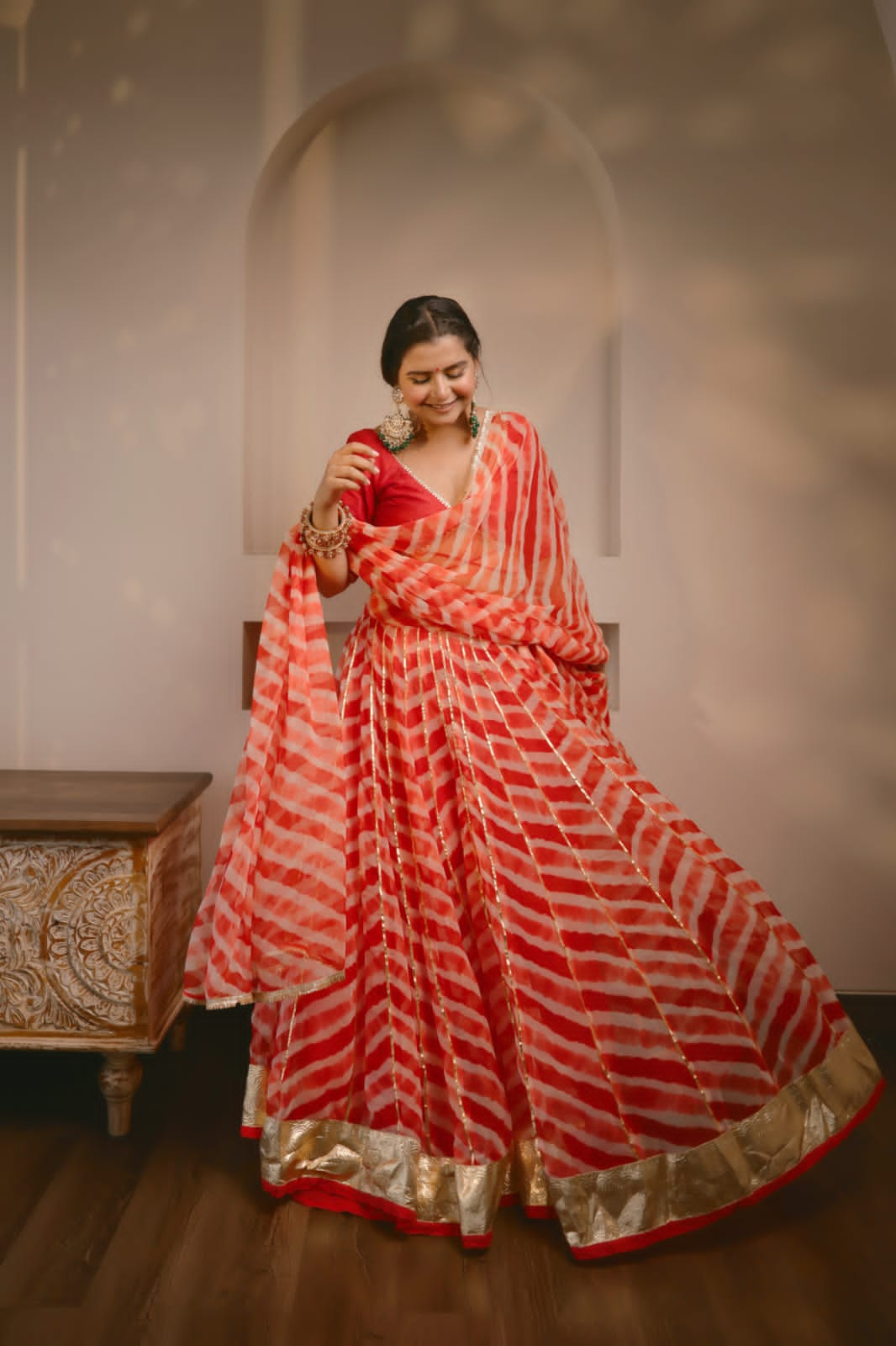 Shloka Red Leheriya Lehenga