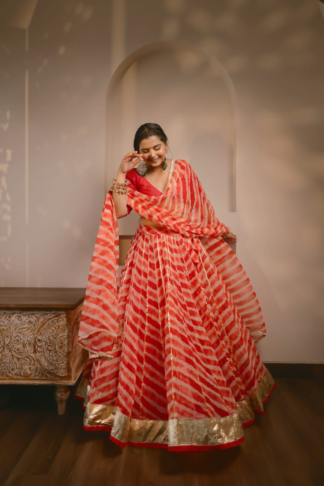 Shloka Red Leheriya Lehenga