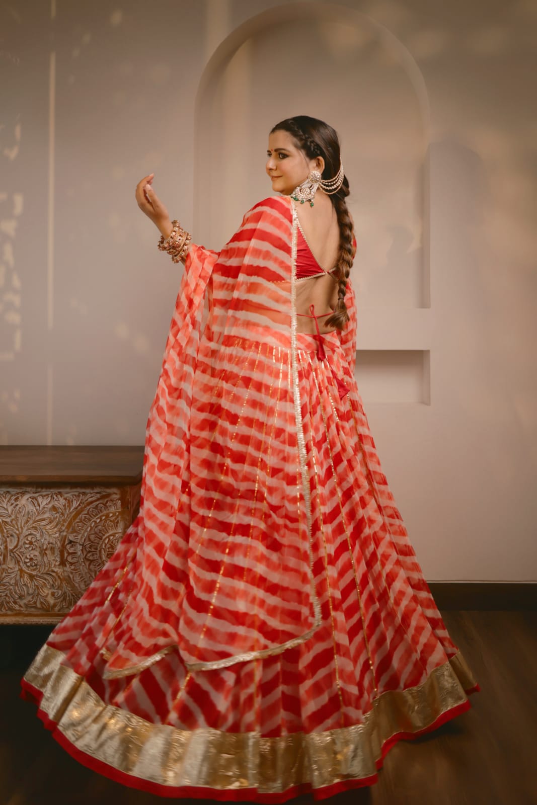 Shloka Red Leheriya Lehenga