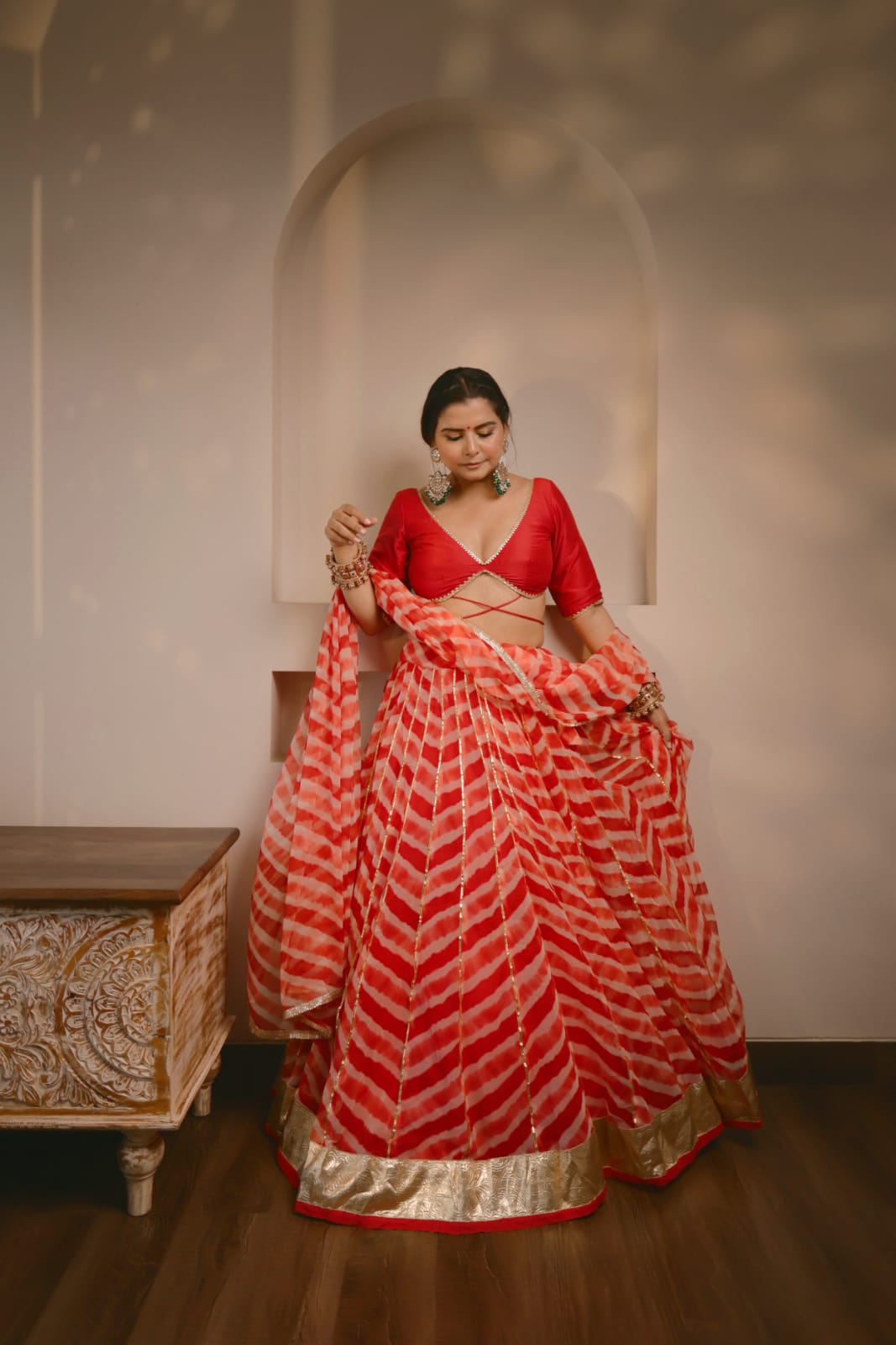 Shloka Red Leheriya Lehenga