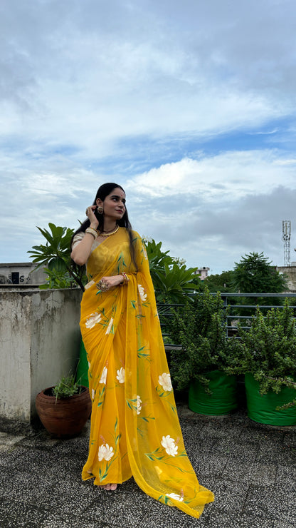 Gulmohar Mustard Chiffon Saree