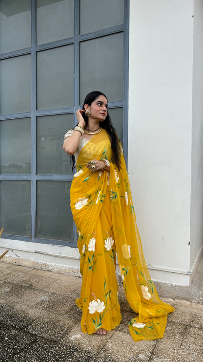 Gulmohar Mustard Chiffon Saree