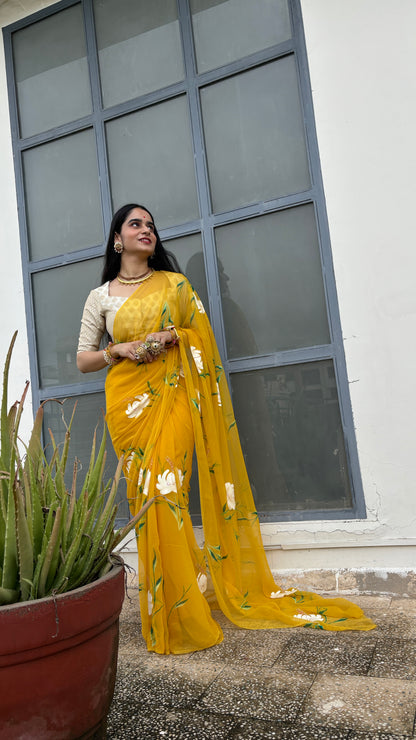 Gulmohar Mustard Chiffon Saree