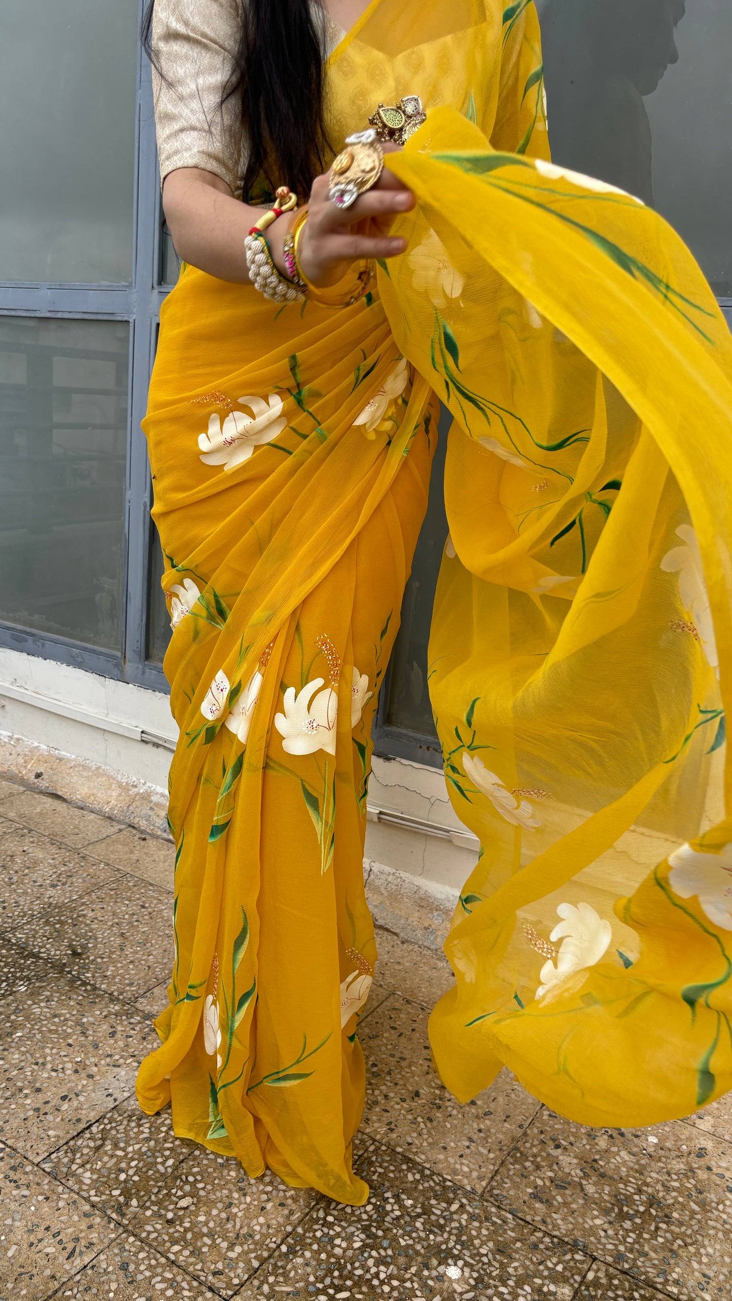 Gulmohar Mustard Chiffon Saree