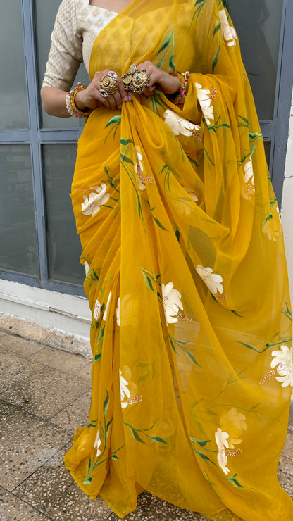 Gulmohar Mustard Chiffon Saree