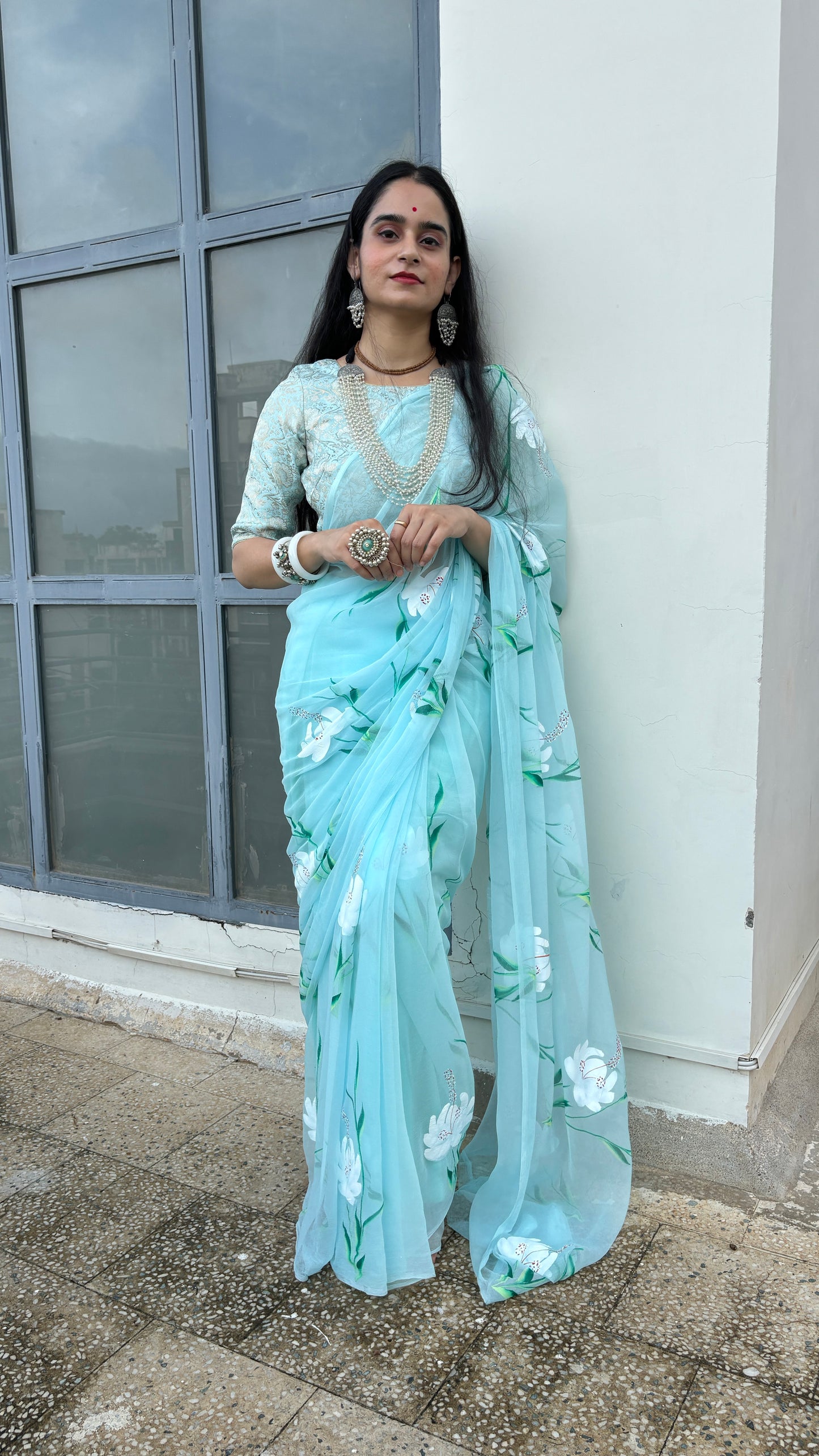 Gulmohar Sky Chiffon Saree