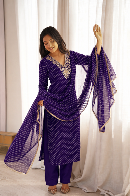 Arti Purple Handwork Leheriya Suit Set