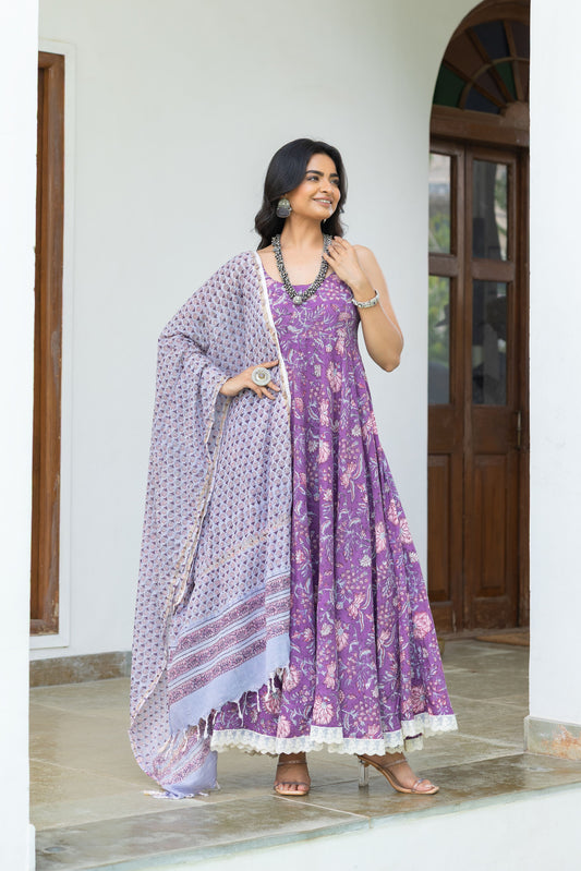 Nirva Purple Handblock Cotton Anarkali Set